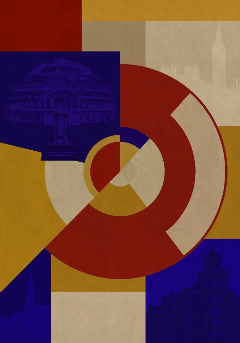Abstract geometric design with shapes, colors, and silhouettes of buildings in red, yellow, blue, and beige tones.
