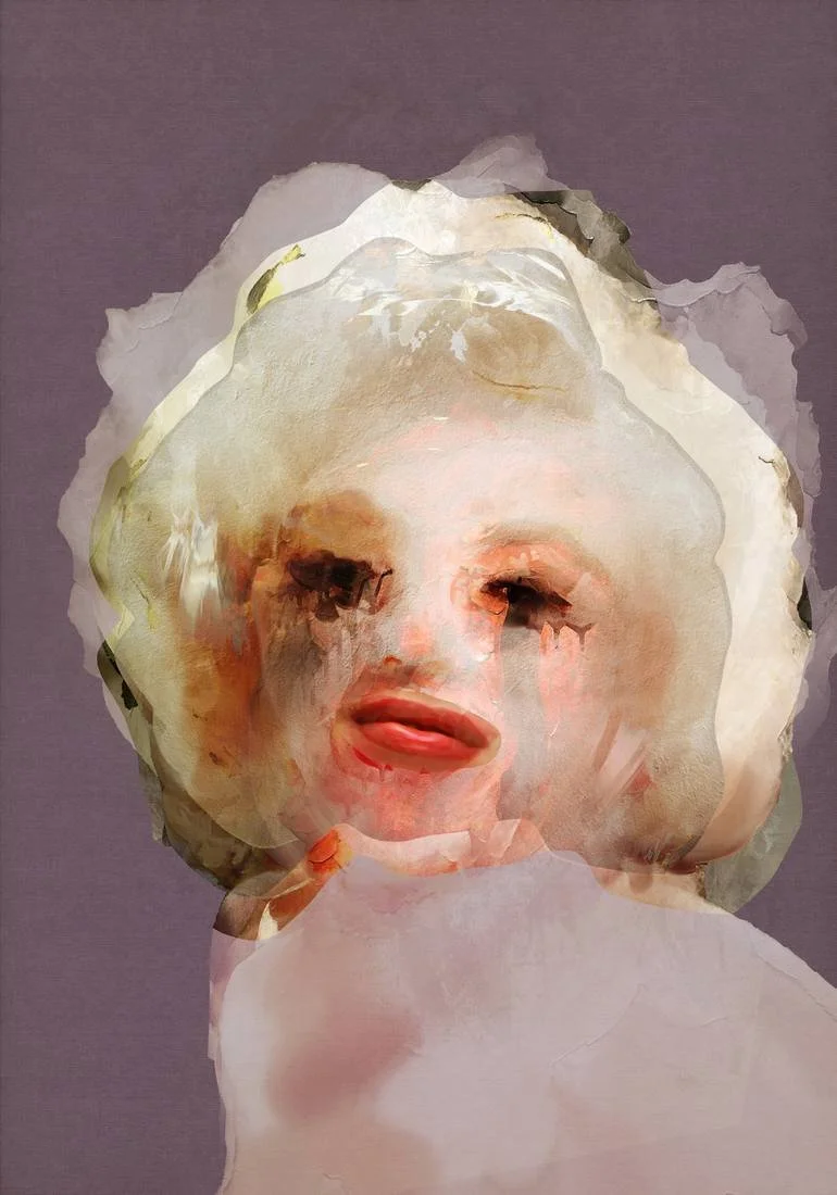 Artist Czar Catstick BFA Online Bespoke British Fine Art Gallery Giclee prints photography Artworks Abstract portrait of a Marilyn Monroe with features distorted and melting into the background, creating a surreal and painterly effect.