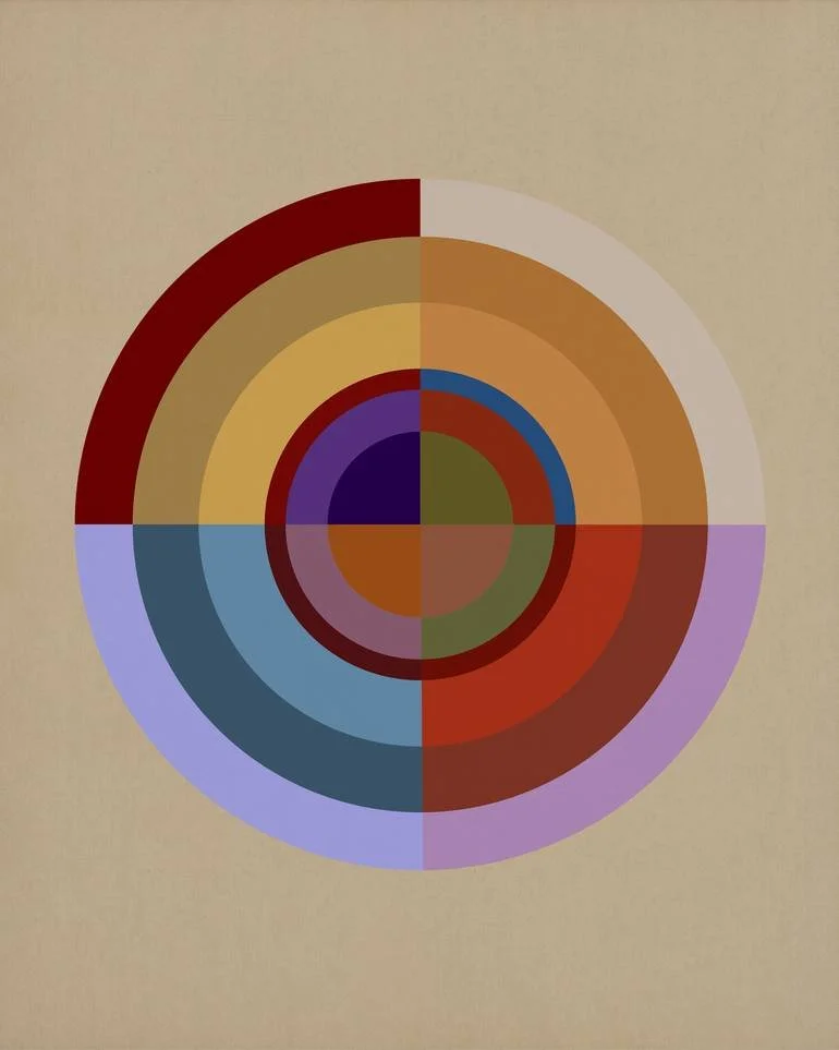 Color wheel with concentric circles divided into quadrants in various colors on a beige background. Artist Czar Catstick via BFA Gallery Online British Bespoke Fine Art Limited Edition Artworks, Prints 