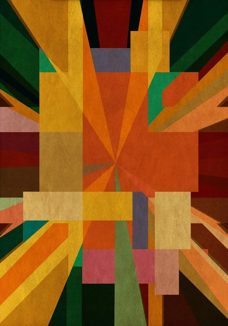 Artist Czar Catstick via BFA Gallery Online Fine Art Limited Edition Artworks, Prints and Photography Abstract geometric painting with sharp, colorful shapes in red, yellow, green, orange, black, and purple, forming a dynamic composition.
