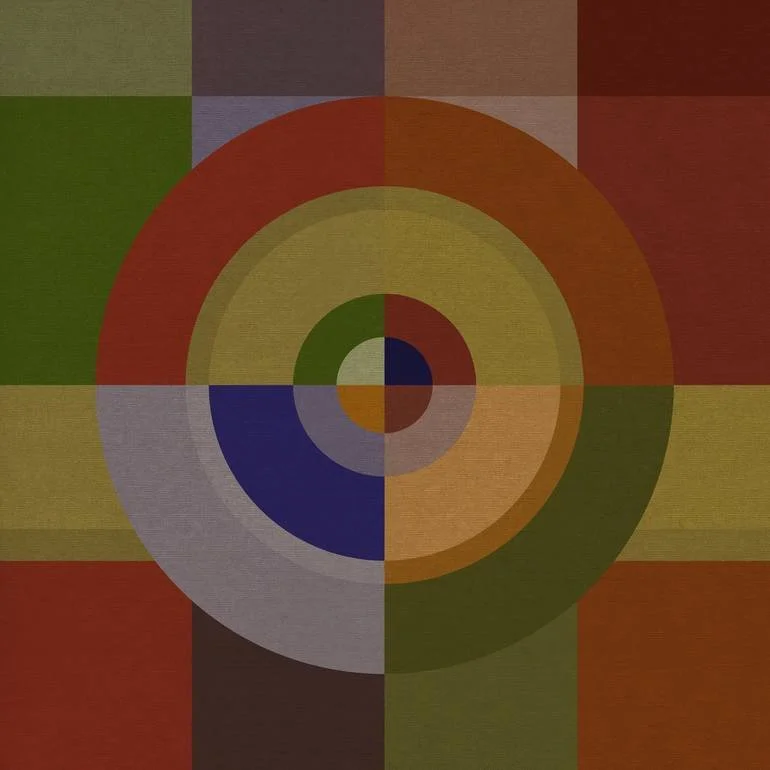 A colorful, abstract geometric design featuring concentric circles and squares in shades of red, orange, yellow, green, blue, purple, black, brown, and gray. Artist Czar Catstick via BFA Gallery Online British Bespoke Fine Art Limited Edition Artwork