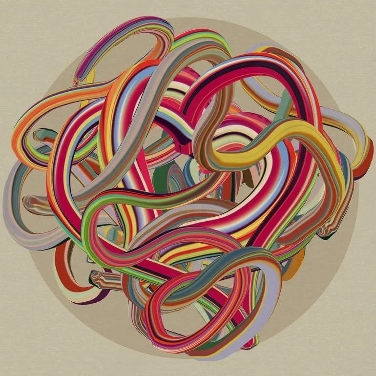 Colorful tangled loops of various striped wires or cords forming a chaotic ball on a beige background.