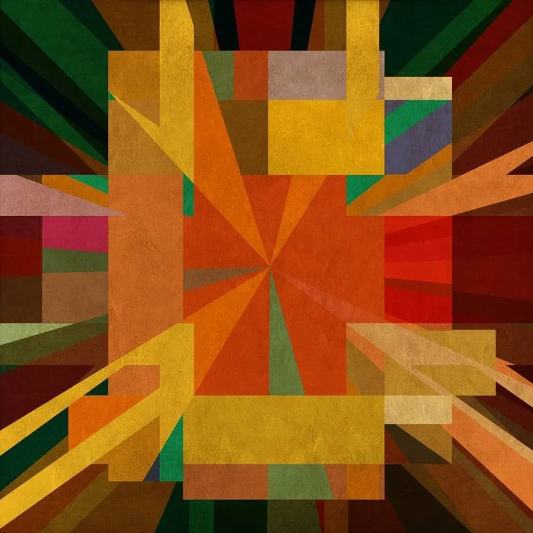 Artist Czar Catstick via BFA Gallery Online Fine Art Limited Edition Artworks, Prints and Photography Abstract geometric artwork with a central orange and red starburst pattern, surrounded by various colored rectangular and triangular shapes in shade