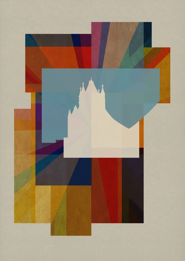 Abstract art with colorful geometric shapes and a silhouette of Tower Bridge in the center. Artist Czar Catstick via BFA Gallery Online British Bespoke Fine Art Limited Edition Artworks, Prints 