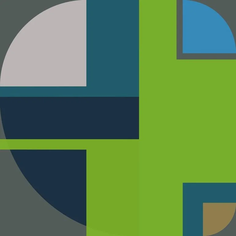 Abstract Fibonacci geometric pattern with various colored shapes including circles, squares, and L-shapes in green, blue, gray, and brown. Artist Czar Catstick via BFA Gallery Online British Bespoke Fine Art Limited Edition Artworks, Prints 