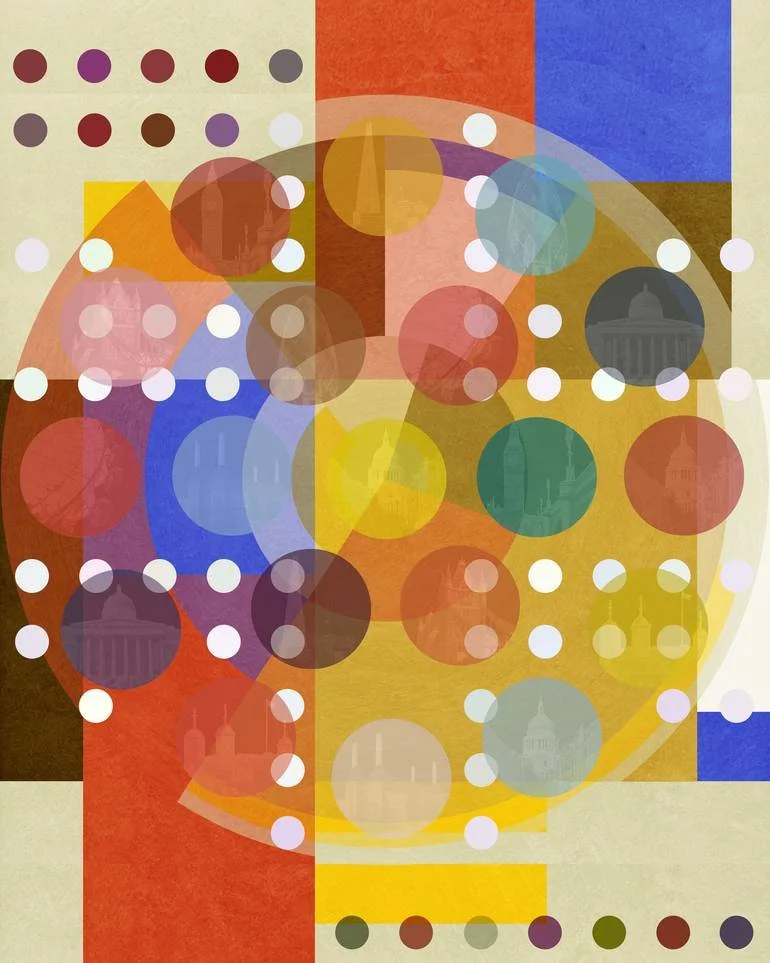 Artist Czar Catstick - included in the Saatchi Art Curators Choice Collection Abstract digital artwork with geometric shapes and patterns with faint images of London buildings subtly overlaid.