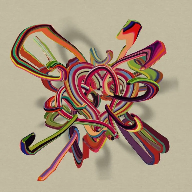 A colorful, abstract 3D sculpture made of intertwined, ribbon-like strips with vibrant, multicolored patterns.