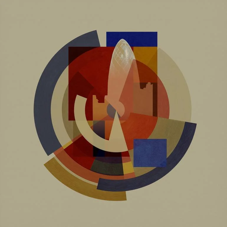 London Gherkin BFA Fine Art Limited Edition Prints via BFA Online Gallery Artist Czar Catstick Abstract geometric artwork with overlapping circles and rectangles in red, blue, yellow, black, and beige colors.