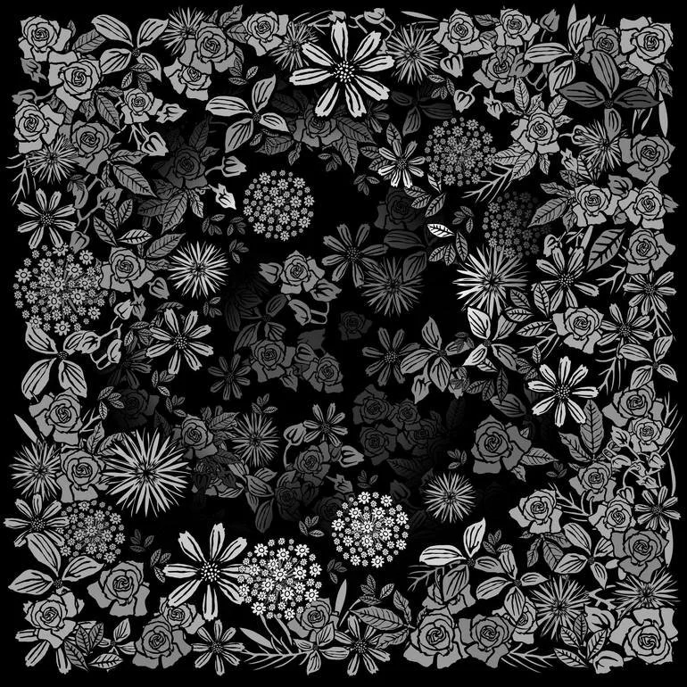 Artist Czar Catstick via BFA Gallery Online Fine Art Limited Edition Artworks, Prints and Photography Black and white floral pattern with various flowers and leaves arranged in a square grid.