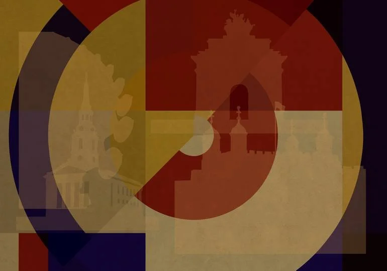 Abstract geometric design with overlapping shapes and silhouettes of landmarks, flags, and architecture in red, yellow, blue, and black tones.