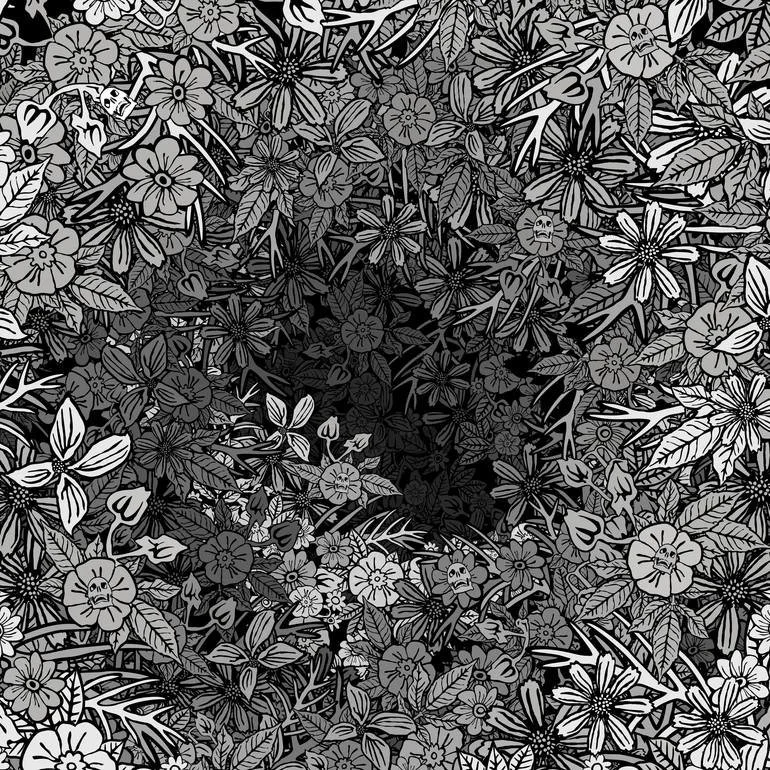 Op Art 3D  illustration. Black and white floral pattern with flowers and leaves surrounding a dark, center Artist Czar Catstick via BFA Gallery Online British Bespoke Fine Art Limited Edition Artworks, Prints 