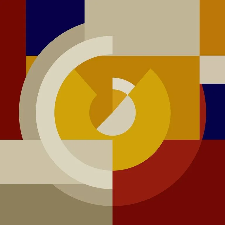 Abstract geometric artwork with concentric circles and rectangles in shades of yellow, beige, red, navy blue, and gray.