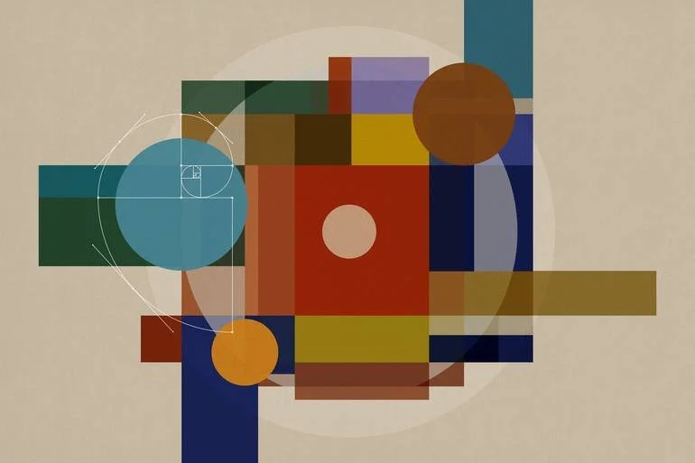 Artist Czar Catstick via BFA Gallery Online Fine Art Limited Edition Artworks, Prints and Photography An abstract geometric artwork with various colored rectangles and circles, including blue, red, green, yellow, brown, and beige, arranged against a 
