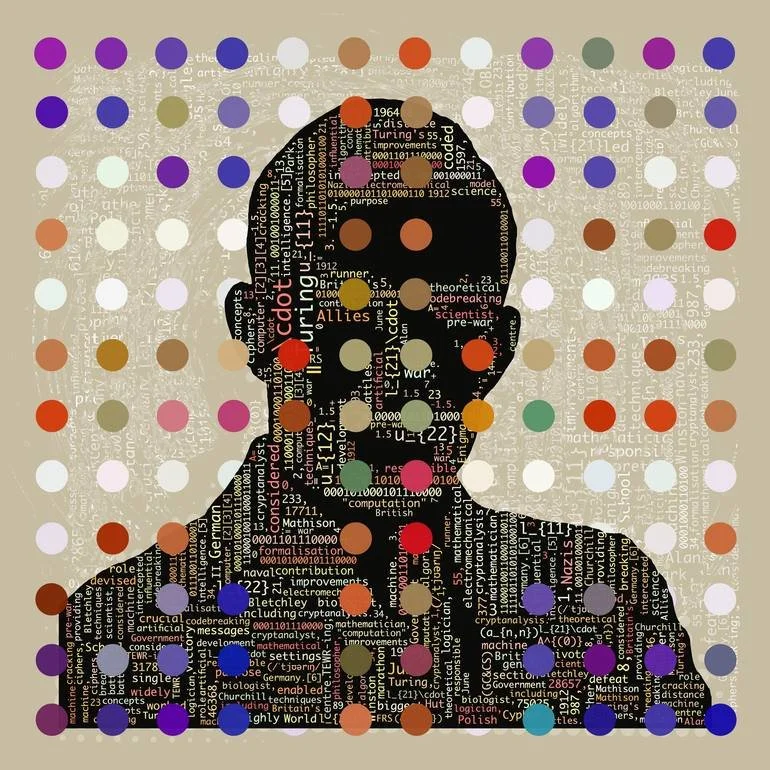 Silhouette of Alan Turing made up of computer-related words and binary code, overlaid with colorful uk flag dots on a beige background. Artist Czar Catstick - included in the Saatchi Art Curators Choice Collection 