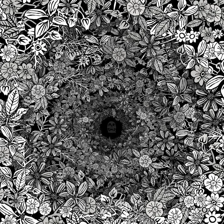 Op Art 3D illustration Black and white floral pattern creating a vortex effect. Artist Czar Catstick via BFA Gallery Online British Bespoke Fine Art Limited Edition Artworks, Prints 