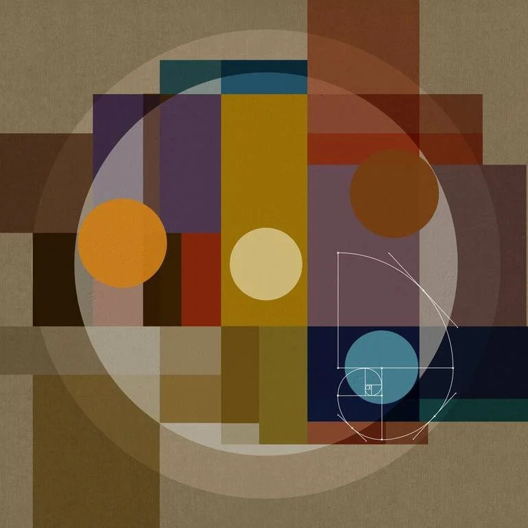 Artist Czar Catstick via BFA Gallery Online Fine Art Limited Edition Artworks, Prints and Photography Abstract geometric artwork featuring squares, rectangles, circles, and arcs in various colors including beige, purple, yellow, orange, red, blue, an