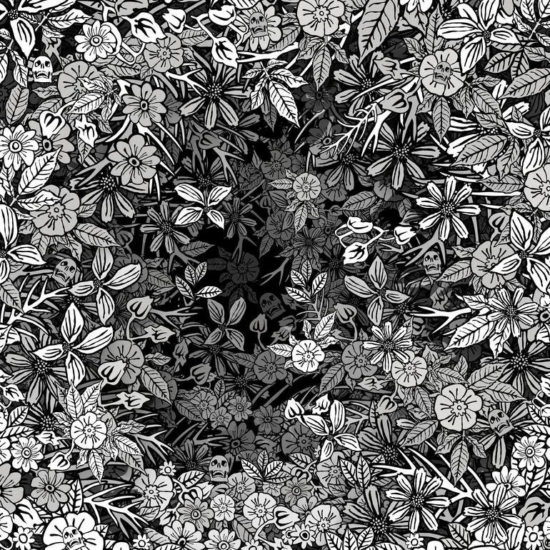 Black and white illustration of dense leaves, flowers, and skulls scattered throughout. Artist Czar Catstick via BFA Gallery Online British Bespoke Fine Art Limited Edition Artworks, Prints 