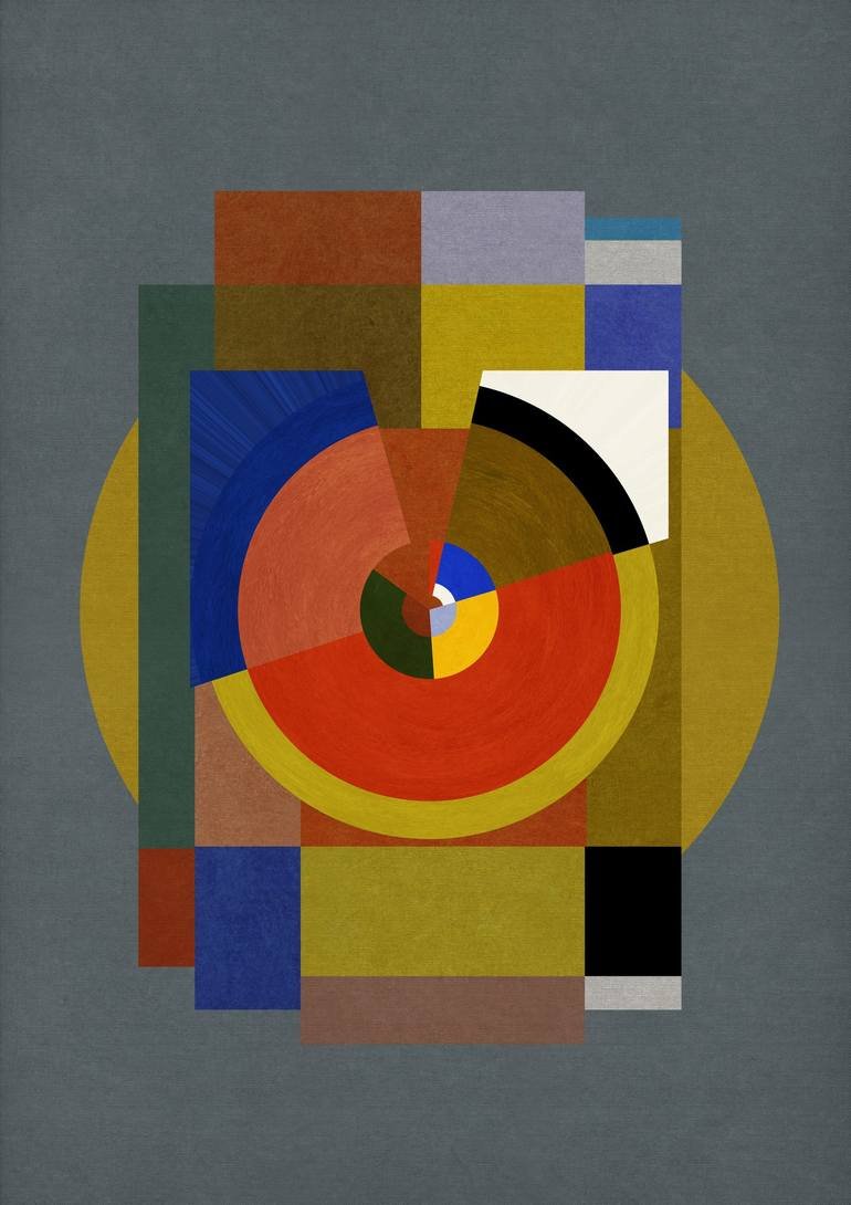 Art Deco Constructivist Artwork Artist Czar Catstick - included in the Saatchi Art Curators Choice Collection Abstract geometric artwork with overlapping rectangles and circles in red, blue, yellow, black, white, and earth tones on a gray background.