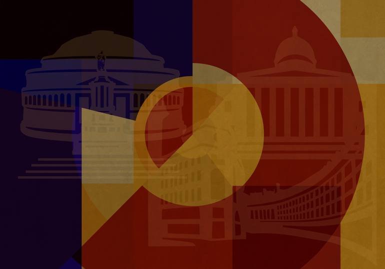 Abstract layered graphic featuring the U.S. Capitol building, with red, yellow, and blue color overlays.