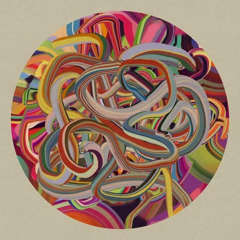 Colorful abstract art featuring intertwined multicolored looping shapes within a circular frame on a plain beige background.
