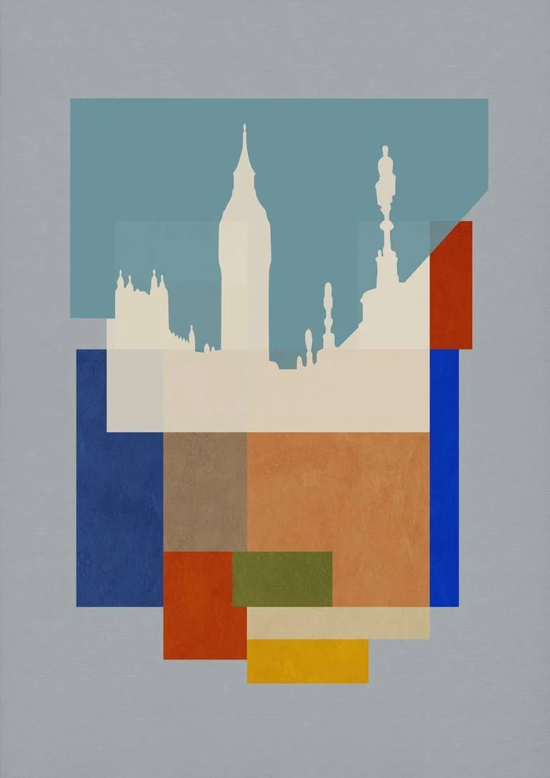 Abstract artwork featuring silhouettes of London landmarks, including Big Ben, and colorful geometric shapes on a gray background. Artist Czar Catstick via BFA Gallery Online British Bespoke Fine Art Limited Edition Artworks, Prints 