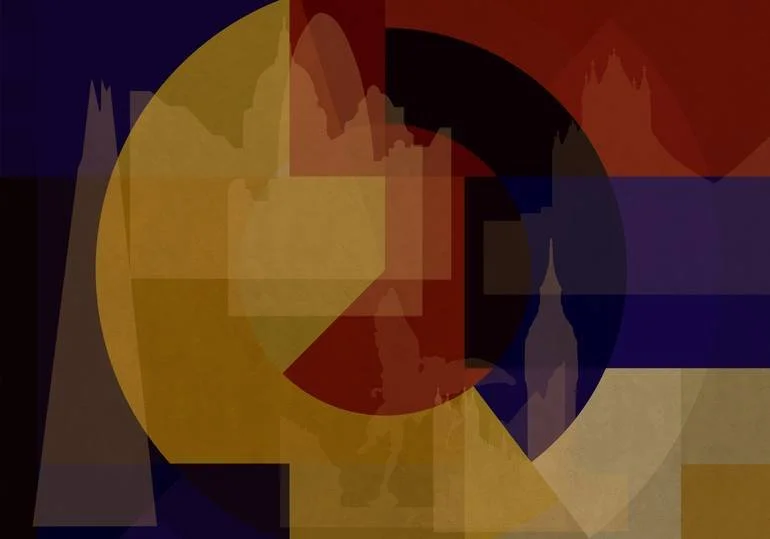Abstract geometric artwork with overlapping shapes in yellow, red, blue, purple, and black.