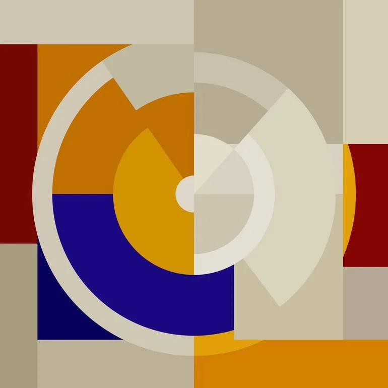 Abstract geometric design with concentric circles, squares, and rectangles in shades of beige, orange, blue, and red.