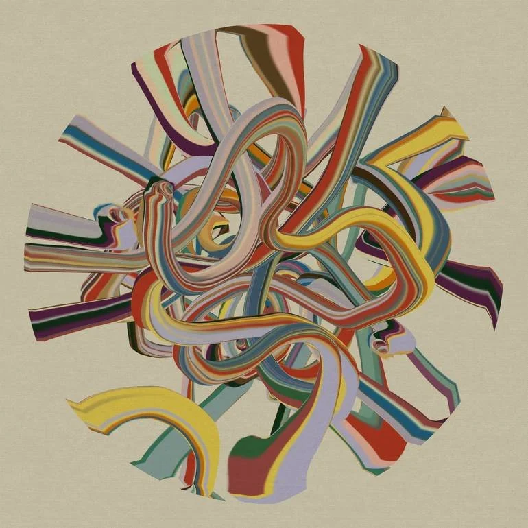 Colorful, abstract tangled ribbons on a beige background.