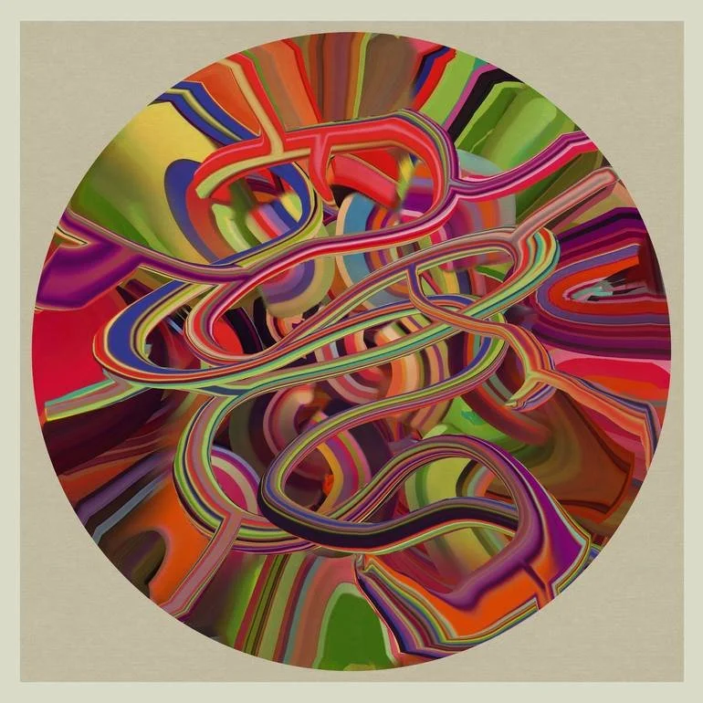 Artist Czar Catstick via BFA Gallery Online Fine Art Limited Edition Artworks, Prints and Photography Paint Tubes Series An abstract, circular digital artwork featuring colorful, intertwined, flowing lines and shapes in various shades of red, purple,
