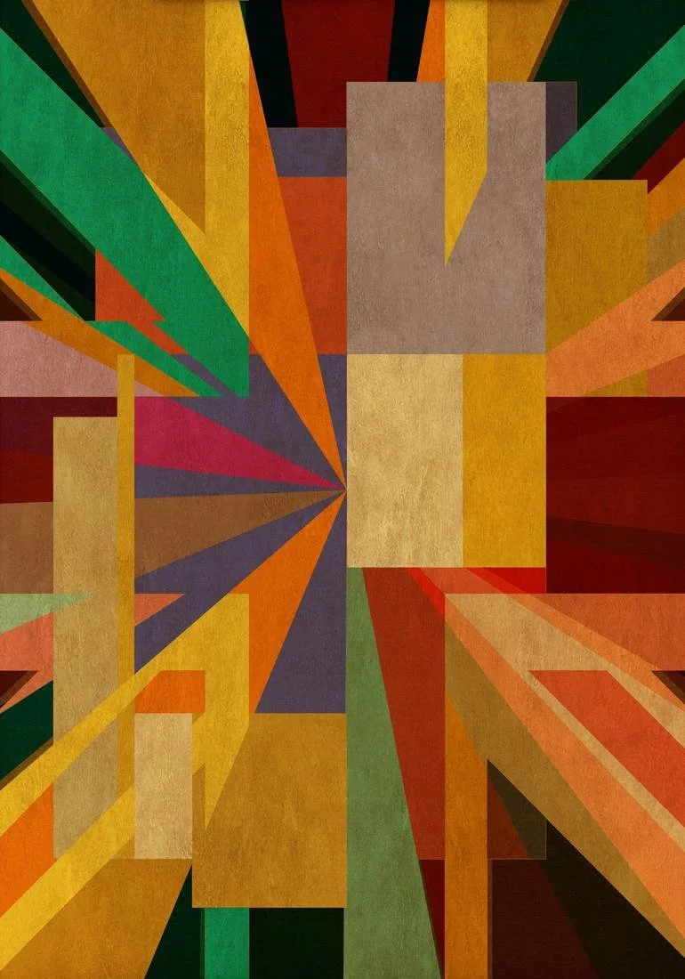 Artist Czar Catstick via BFA Gallery Online Fine Art Limited Edition Artworks, Prints and Photography Abstract geometric artwork with multicolored rectangles and triangles in shades of green, yellow, orange, red, purple, brown, and gray.