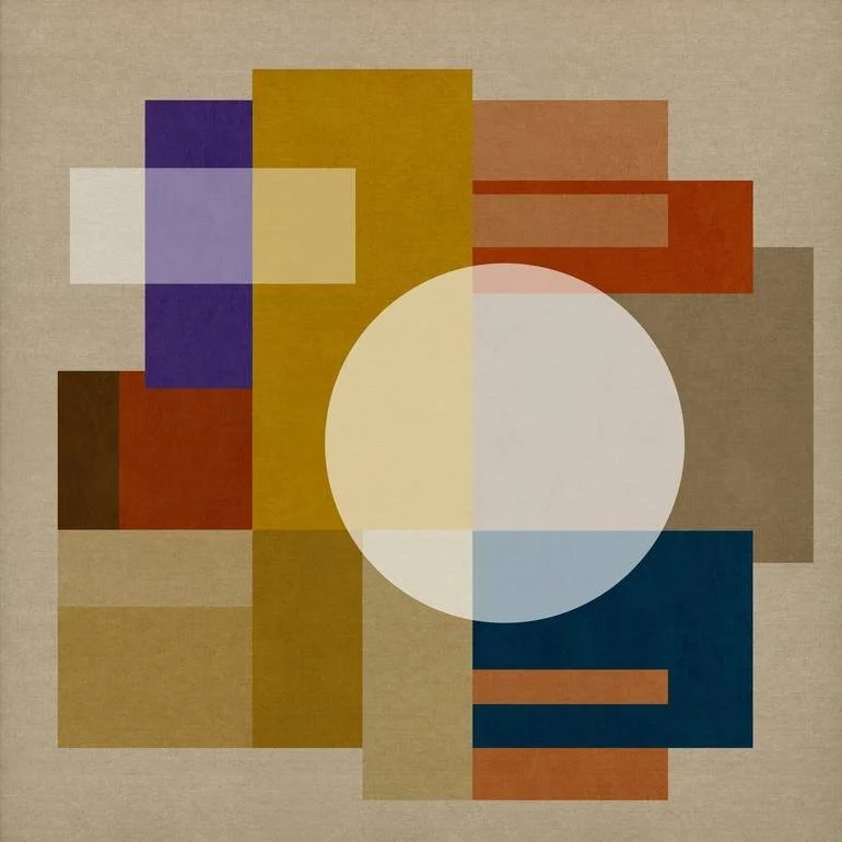 Abstract geometric art with overlapping rectangles and a large white circle in the center. Artist Czar Catstick via BFA Gallery Online British Bespoke Fine Art Limited Edition Artworks, Prints 