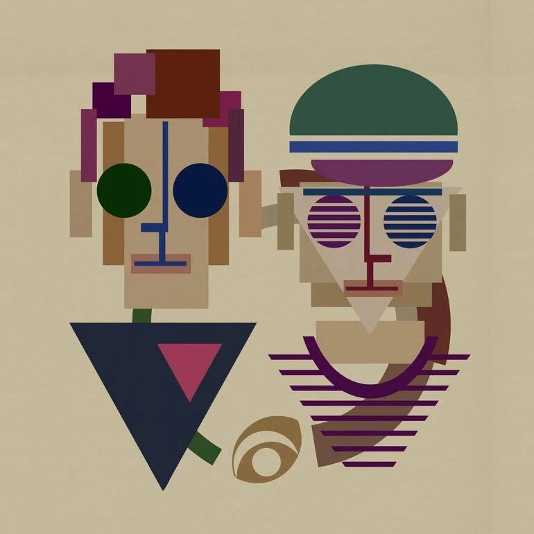 Artist Czar Catstick BFA Online Bespoke British Fine Art Gallery Giclee prints photography Artworks Pop Pet shop boys deco Abstract geometric illustration of two faces, using various colored shapes and lines on a beige background.