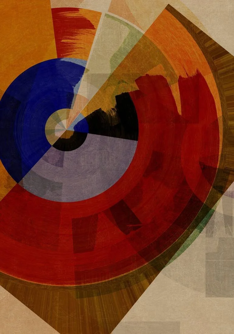 London An abstract digital artwork with concentric circles and segments in red, orange, black, blue, green, and purple, overlapping with geometric shapes and textures. BFA Fine Art Limited Edition Prints via BFA Online Gallery Artist Czar Catstick 