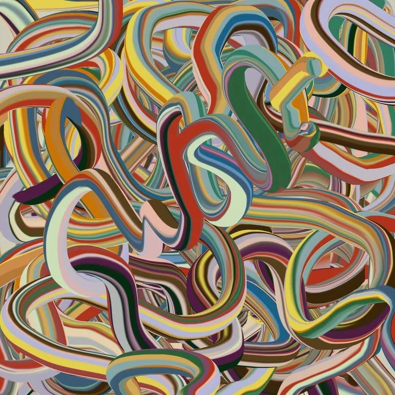 Signature Piece Artwork. A beautiful chaotic array of multicolored, intertwined, and looping abstract lines and ribbons. Artist Czar Catstick via BFA Gallery Online British Bespoke Fine Art Limited Edition Artworks, Prints 
