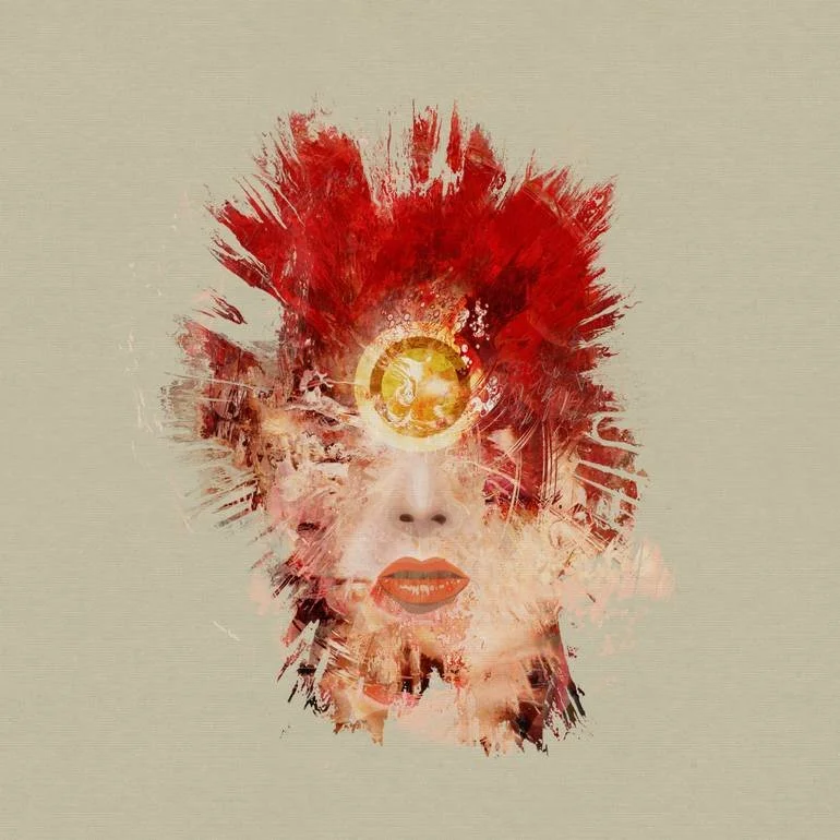 Abstract artwork depicting a woman's face with red hair and lips, blending into a splash of colors and textures with a golden circular element on her forehead.