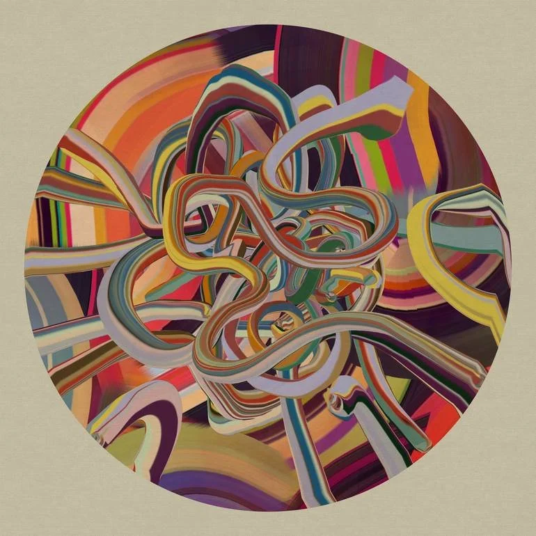 Colorful abstract painting with swirling, intertwined lines and bold, vibrant colors within a circular frame.