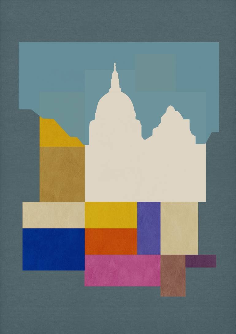 Abstract artwork with a silhouette of Saint Paul's London, surrounded by colorful geometric blocks on a textured background. Artist Czar Catstick via BFA Gallery Online British Bespoke Fine Art Limited Edition Artworks, Prints 