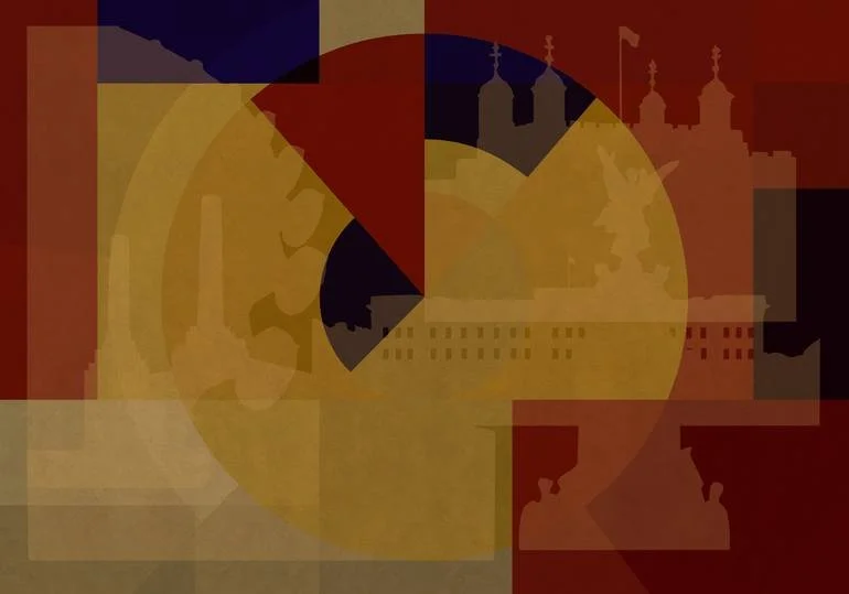 Abstract digital artwork with geometric shapes and silhouettes of buildings with domes and crosses, in warm earth tones.