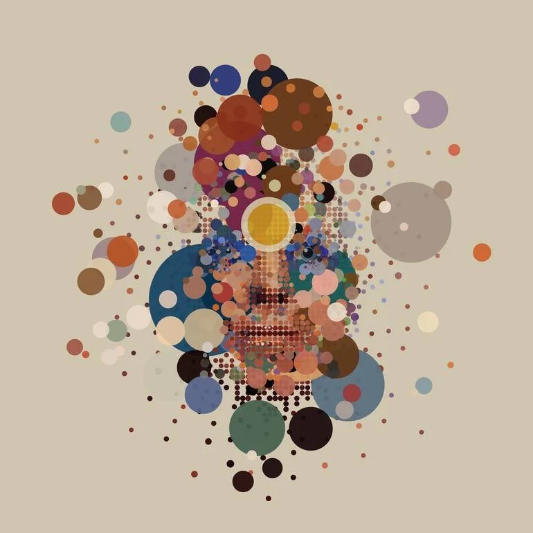 Artist Czar Catstick via BFA Gallery Online Fine Art Limited Edition Artworks, Prints and Photography Space Oddotty Abstract digital art depicting David Bowie's face made up of colorful circles and dots on a beige background.