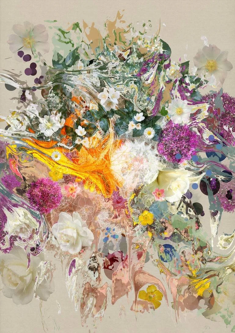 Abstract floral painting with bright colors, white, purple, yellow, orange, and green, featuring flowers and swirling patterns. Artist Czar Catstick via BFA Gallery Online British Bespoke Fine Art Limited Edition Artworks, Prints 