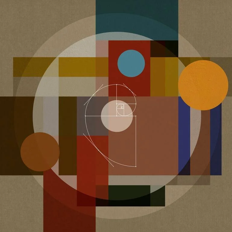 Artist Czar Catstick via BFA Gallery Online Fine Art Limited Edition Artworks, Prints and Photography Abstract geometric composition with circles, rectangles, and lines in earthy tones and dark hues.