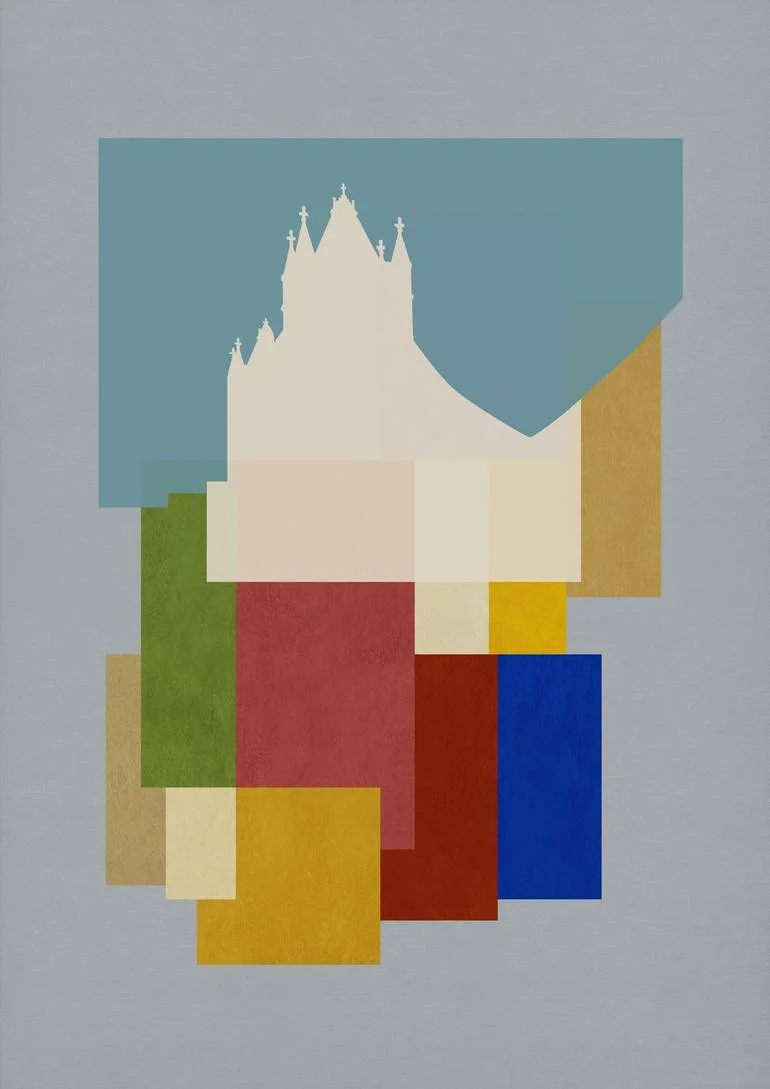 Abstract artwork with a silhouette of Tower Bridge, London, composed of various geometric shapes in pastel and vibrant colors on a gray background. Artist Czar Catstick via BFA Gallery Online British Bespoke Fine Art Limited Edition Artworks, Prints 