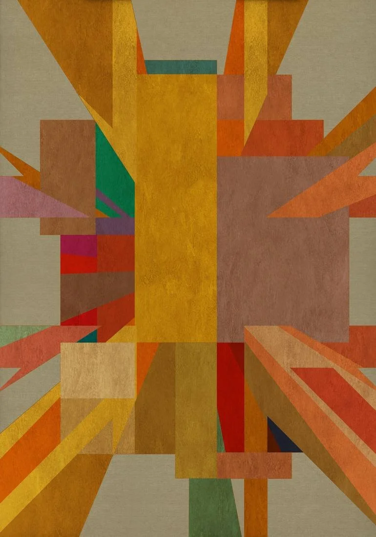 Artist Czar Catstick via BFA Gallery Online Fine Art Limited Edition Artworks, Prints and Photography Abstract geometric artwork with various colored rectangles and triangles in shades of yellow, orange, red, green, pink, purple, and beige.