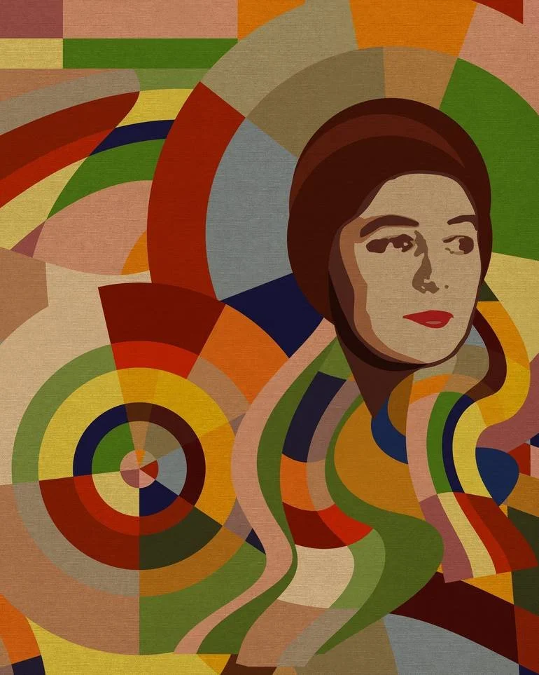 Artist Czar Catstick BFA Online Bespoke British Fine Art Gallery Giclee prints photography Artworks Sonia Delaunay Abstract portrait of Delaunay with dark hair and red lips, surrounded by colorful geometric shapes and patterns.