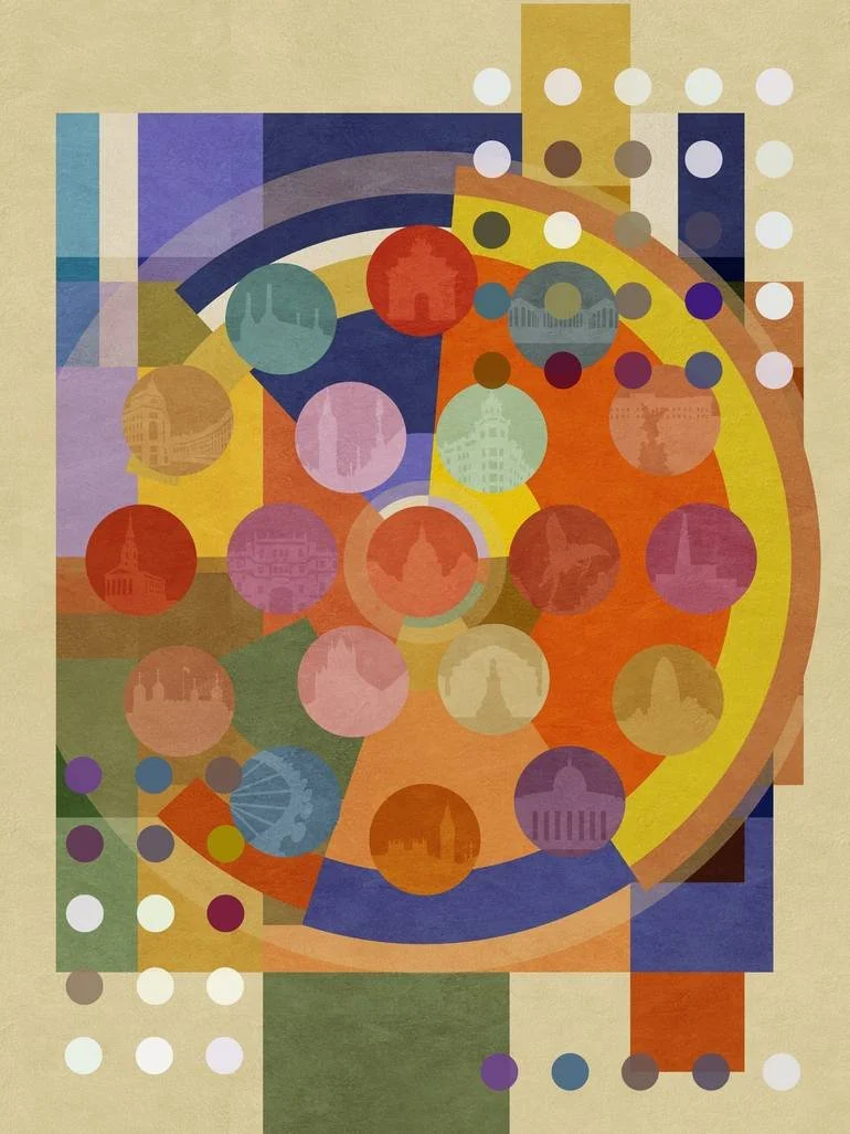 Abstract geometric art piece with overlapping circles and rectangles in colors like red, yellow, blue, purple, green, orange, and white, containing faint London landmarks and cityscapes. Artist Czar Catstick via BFA Gallery Online British Bespoke Fin