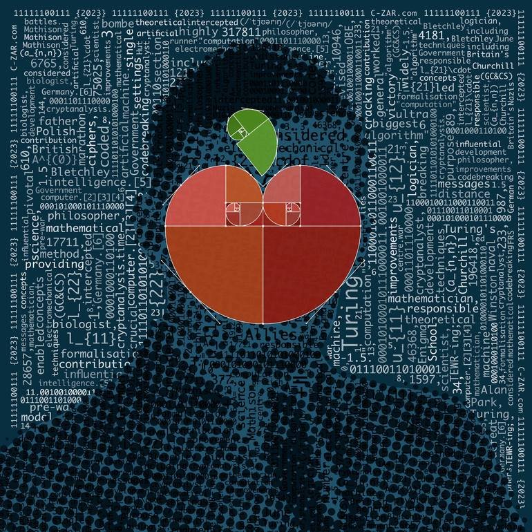 Alan Turing Digital Portrait via BFA Bespoke Fine Arts Gallery Artist Czar CatstickDigital illustration of Alan Turing profile made with binary code and text, with a stylized fibonacci apple containing a leaf on top, symbolizing knowledge or technolo