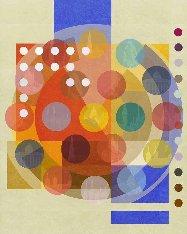 Artist Czar Catstick BFA Hub Online Bespoke British Fine Art Abstract colorful digital artwork with overlapping circles and squares in red, orange, yellow, green, blue, purple, and white, featuring faint silhouettes of London buildings in the backgro