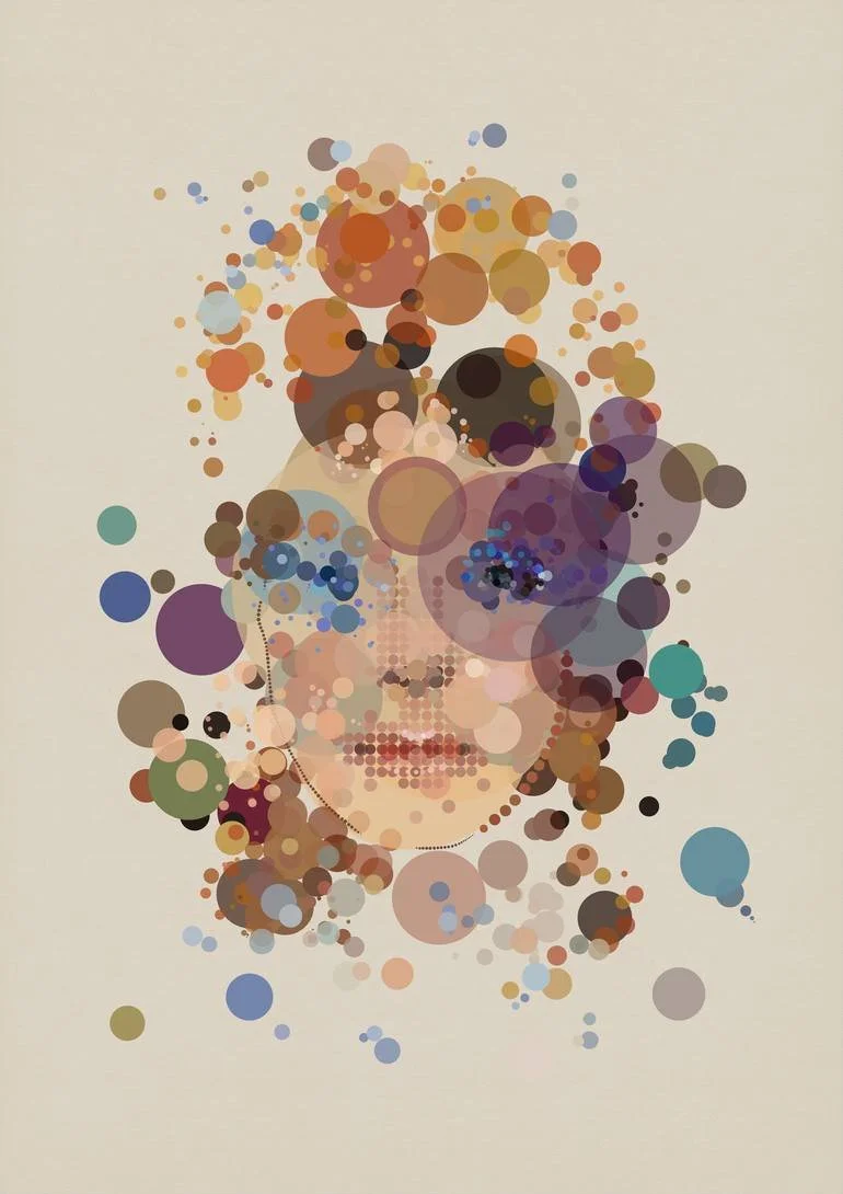 Fizzy Pop Art Abstract digital art of a Bowie's face created with numerous colored circles of varying sizes. Artist Czar Catstick via BFA Gallery Online British Bespoke Fine Art Limited Edition Artworks, Prints 