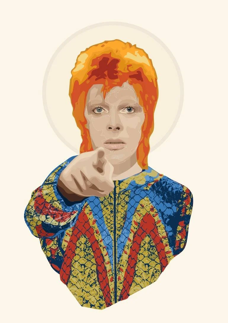 An illustrated portrait of David Bowie as Ziggy Stardust from TOTPs Top of The Pops Starman appearance with spikey orange hair, pointing directly at the viewer, wearing the iconic colorful, patterned jacket