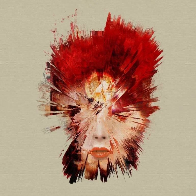 Abstract digital art of a woman's face with red and orange hues, incorporating elements of a sunset and explosion effects.